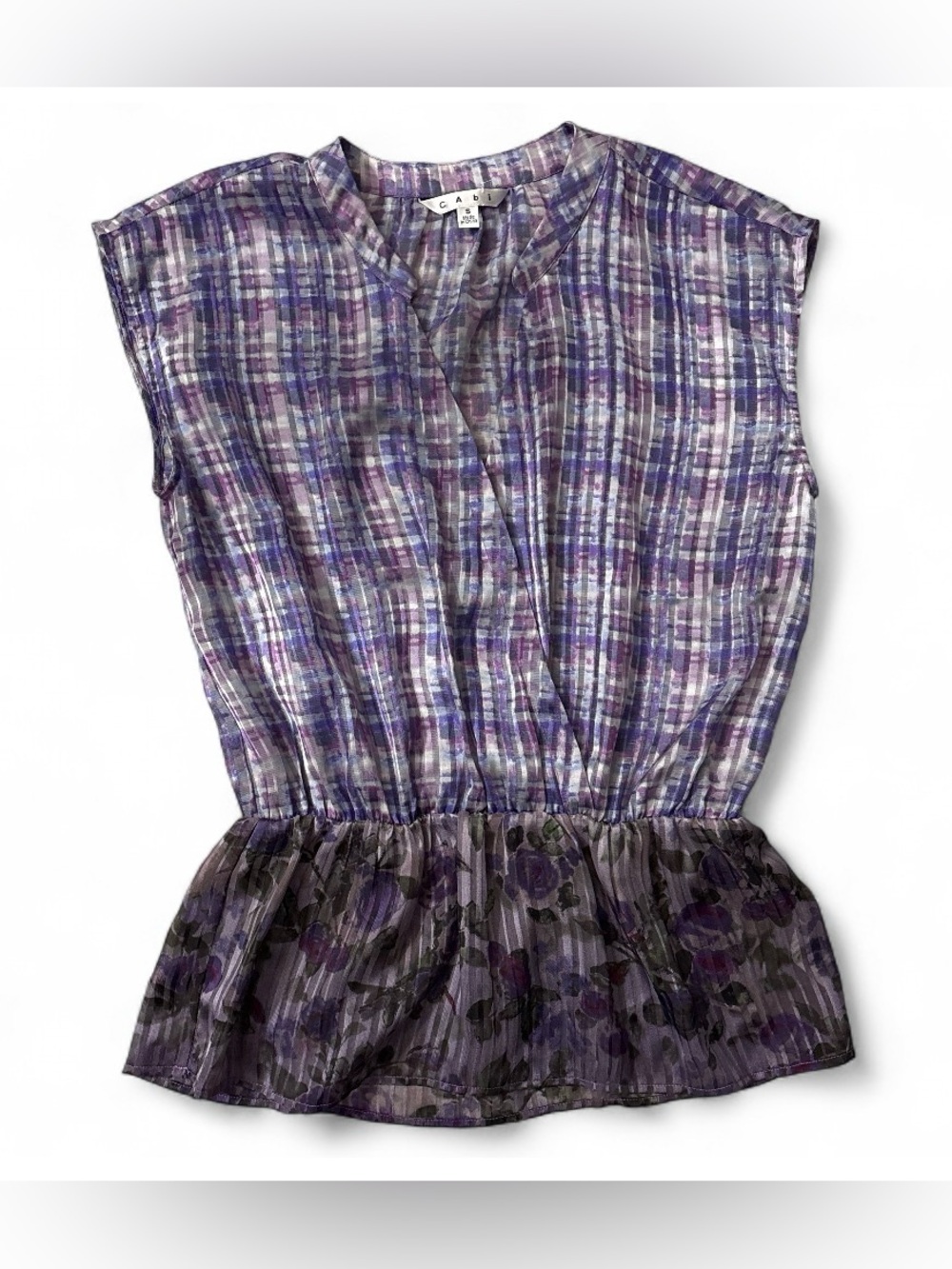 Cabi Purple Plaid & Floral Peplum Top